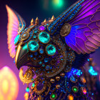 Detailed 3D Illustration of Stylized Mechanical Owl with Jewel-like Eyes