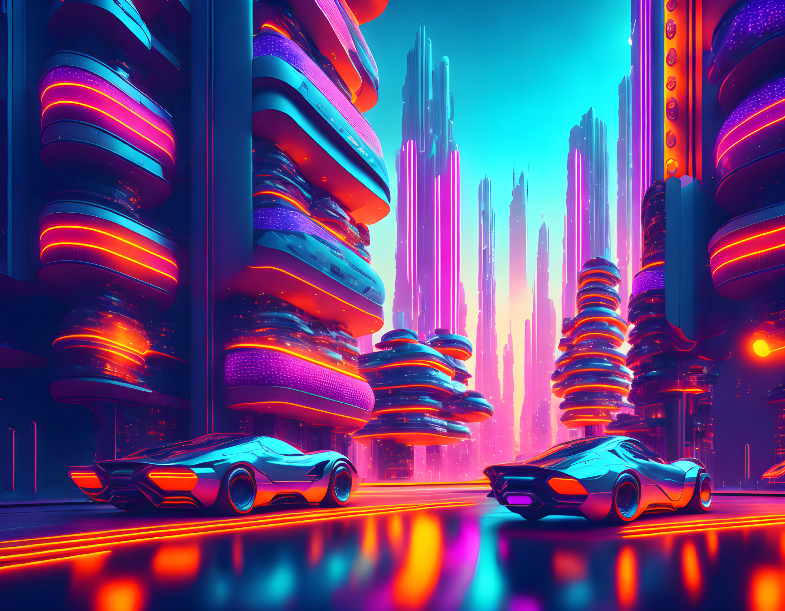 Futuristic cityscape with neon lights, sleek cars, and towering skyscrapers at twilight