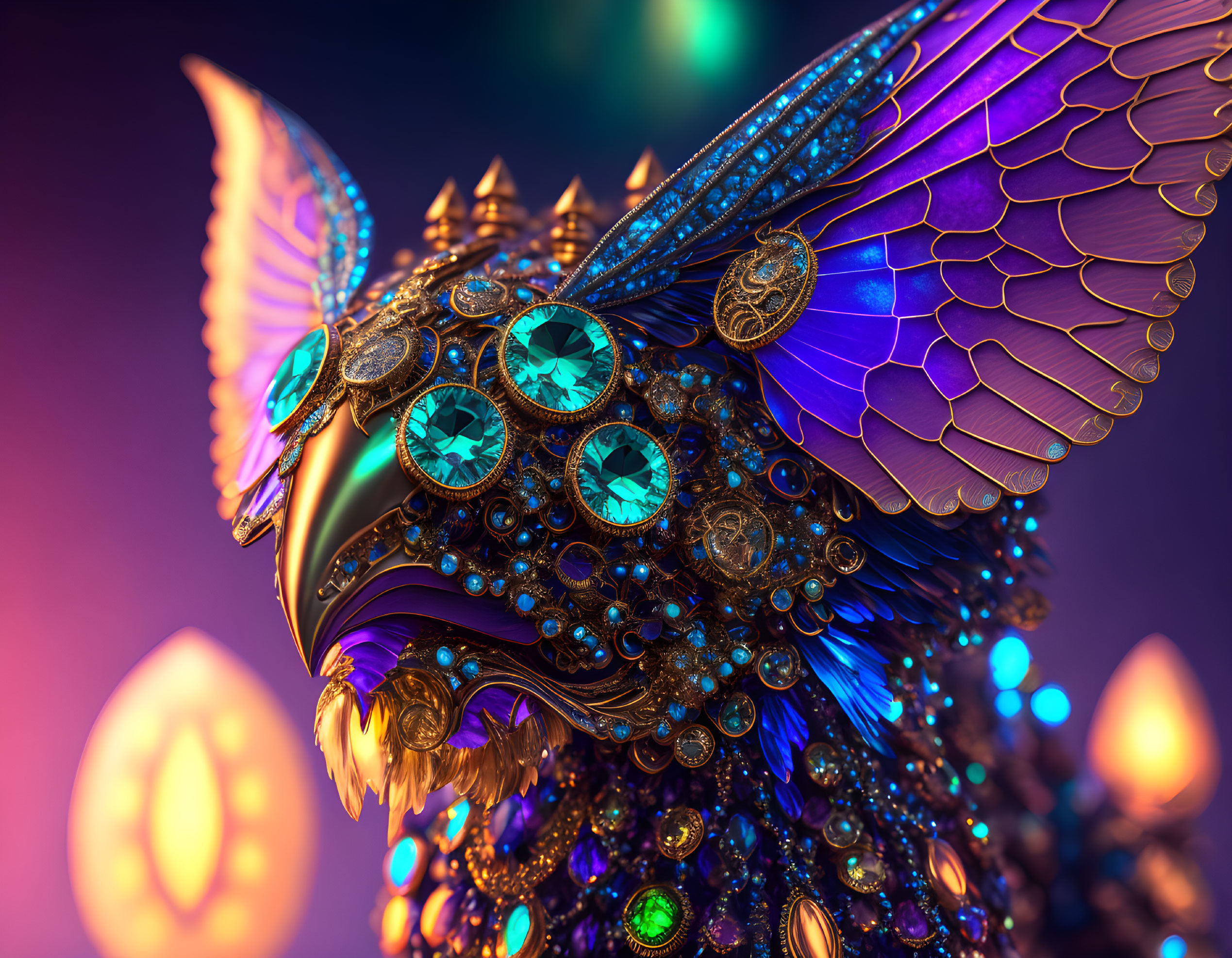 Detailed 3D Illustration of Stylized Mechanical Owl with Jewel-like Eyes