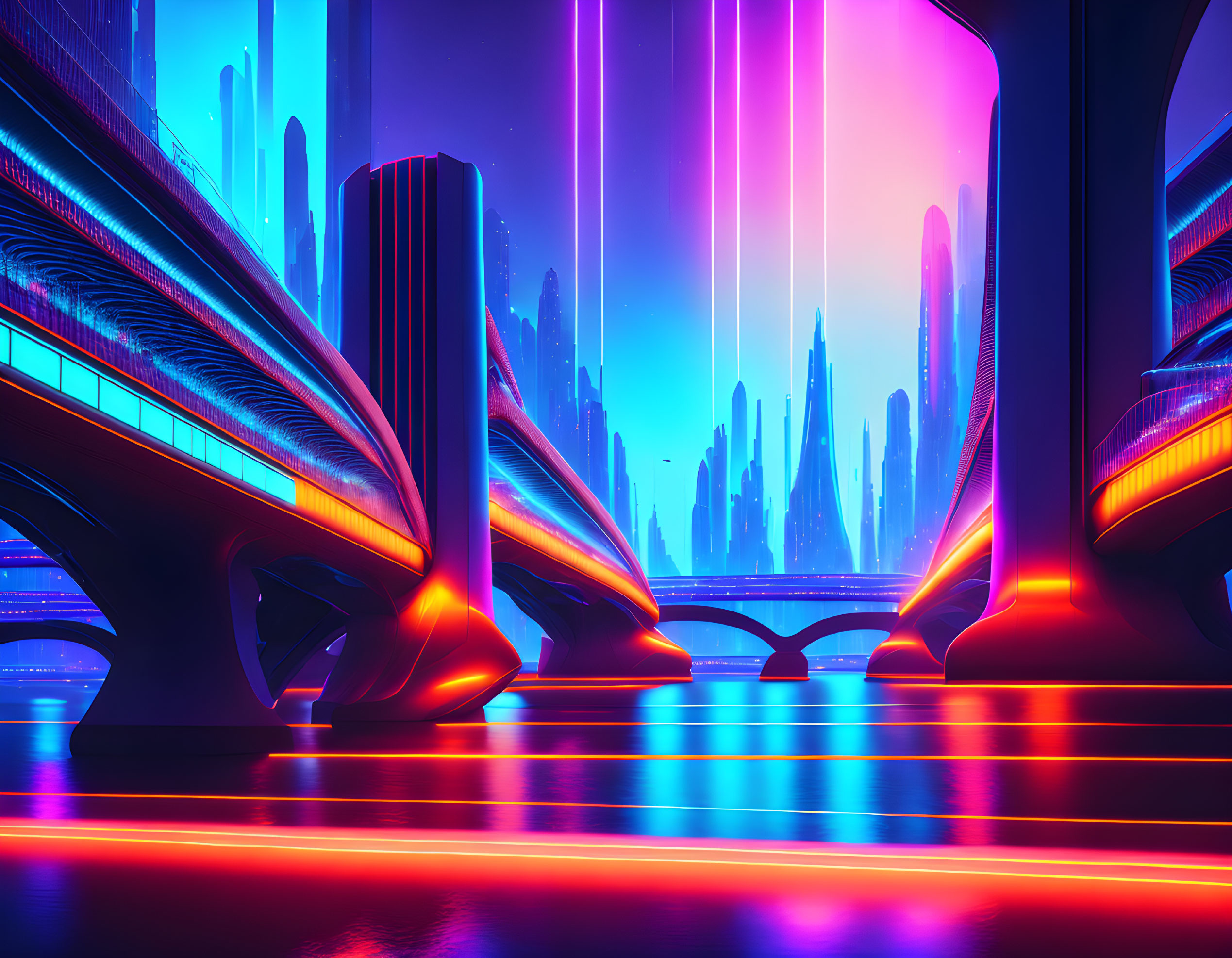 Futuristic cityscape with neon lights and sleek architecture