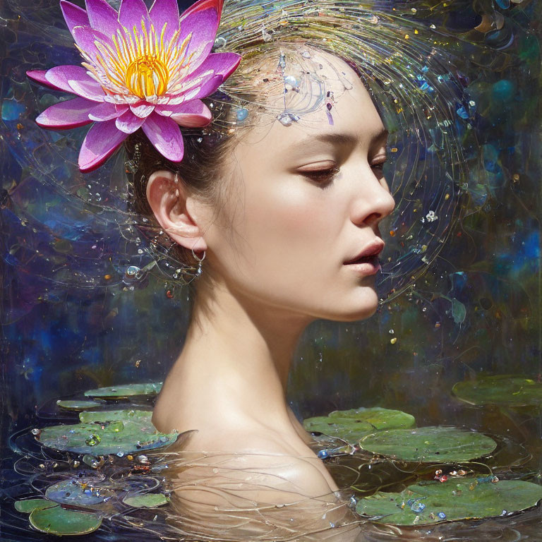 Portrait of woman with pink lotus, bubbles, lily pads on blue background