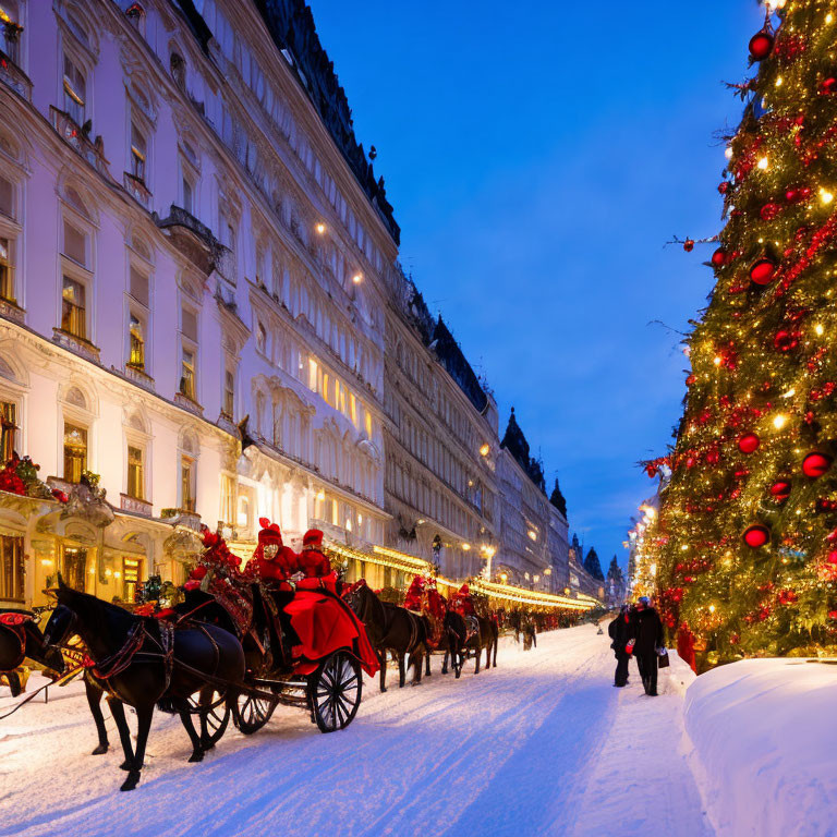 Snowy Street Scene: Horse-Drawn Carriage & Christmas Trees at Dusk