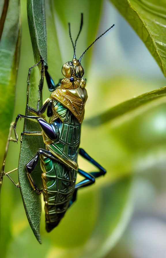 Metallic Green and Gold Beetle on Vertical Leaf with Soft-Focus Green Background