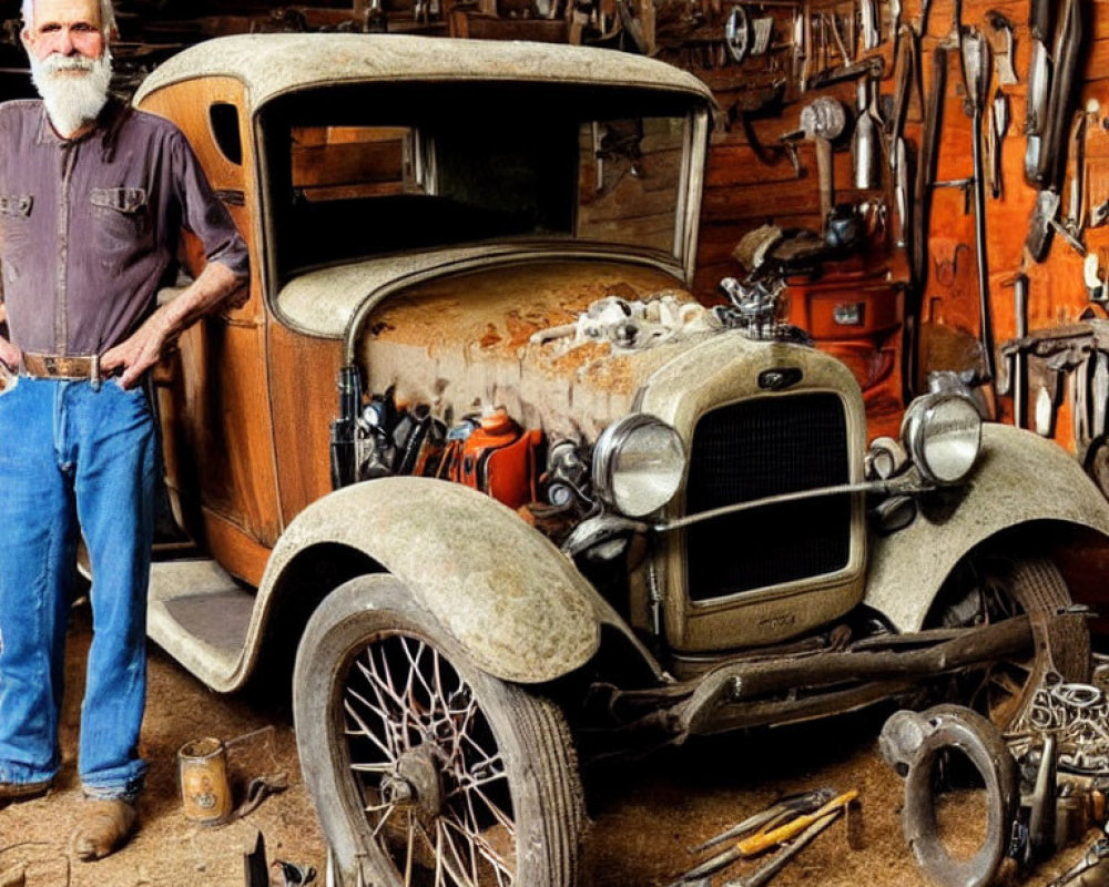 Elderly man with beard next to vintage car in workshop full of tools