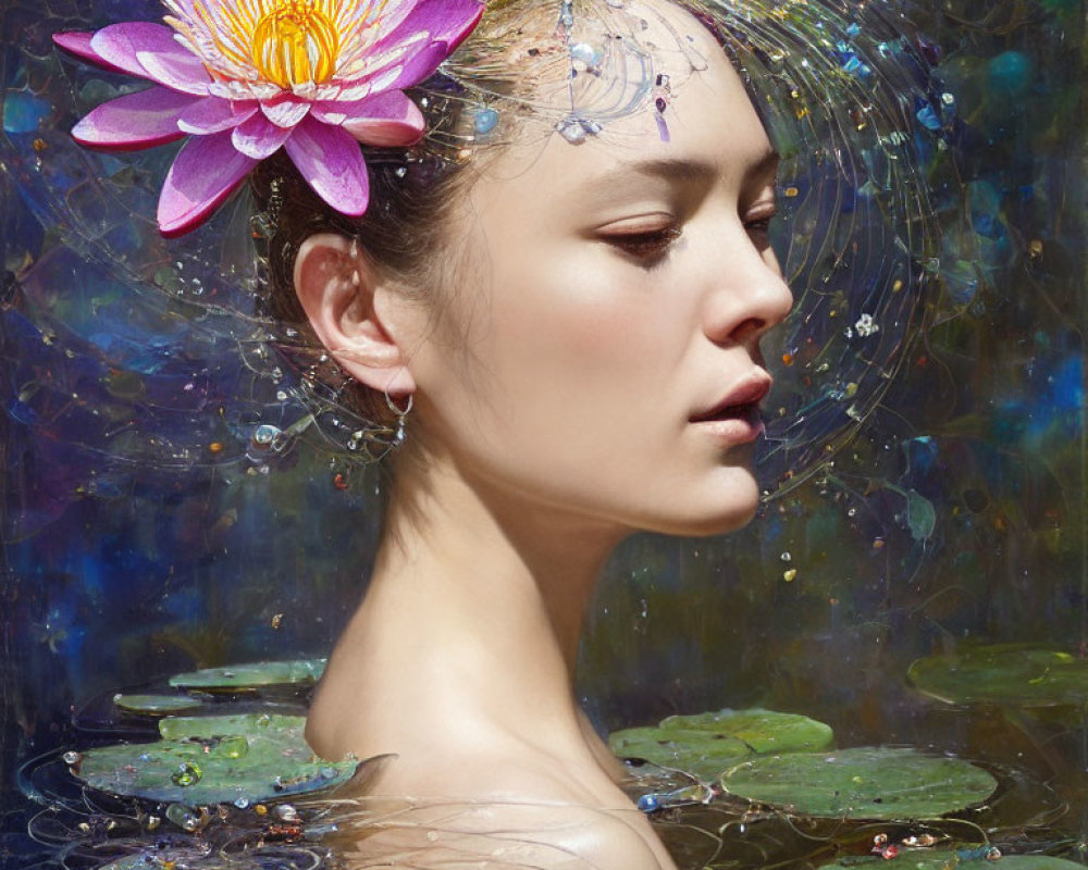 Portrait of woman with pink lotus, bubbles, lily pads on blue background