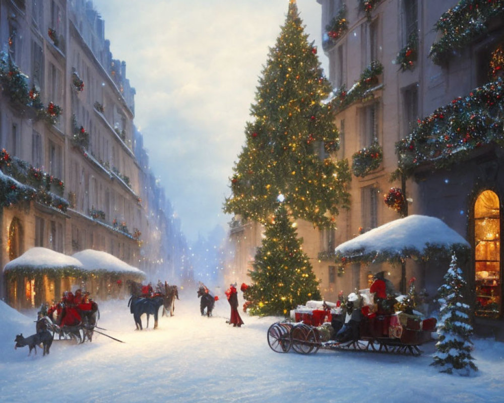 Snowy Christmas Market Scene with Tree, People Shopping, and Horse-Drawn Sleighs