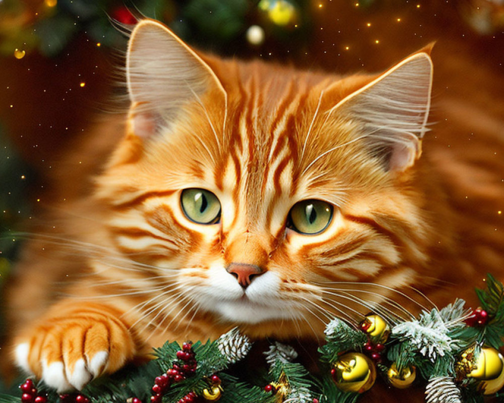 Orange Tabby Cat with Green Eyes Among Christmas Decorations and Tree