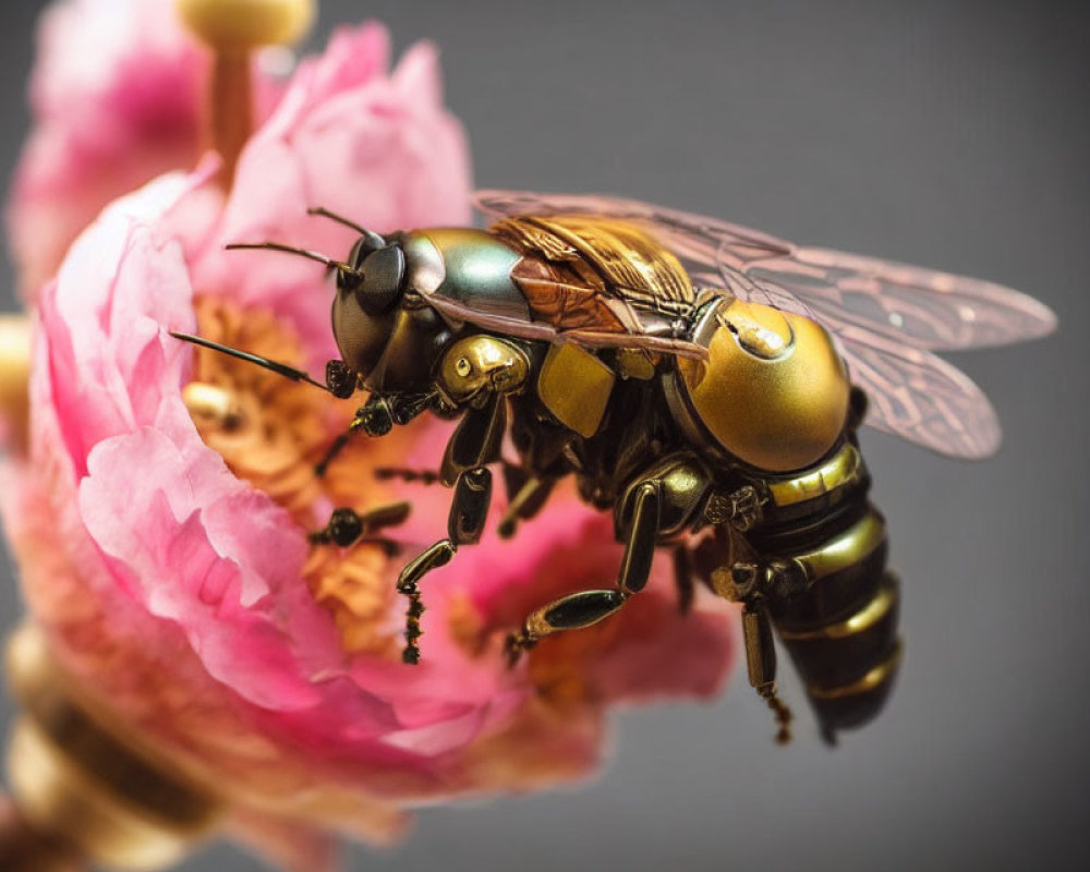 Detailed Metallic Bee Model on Pink Flower with Blurred Background