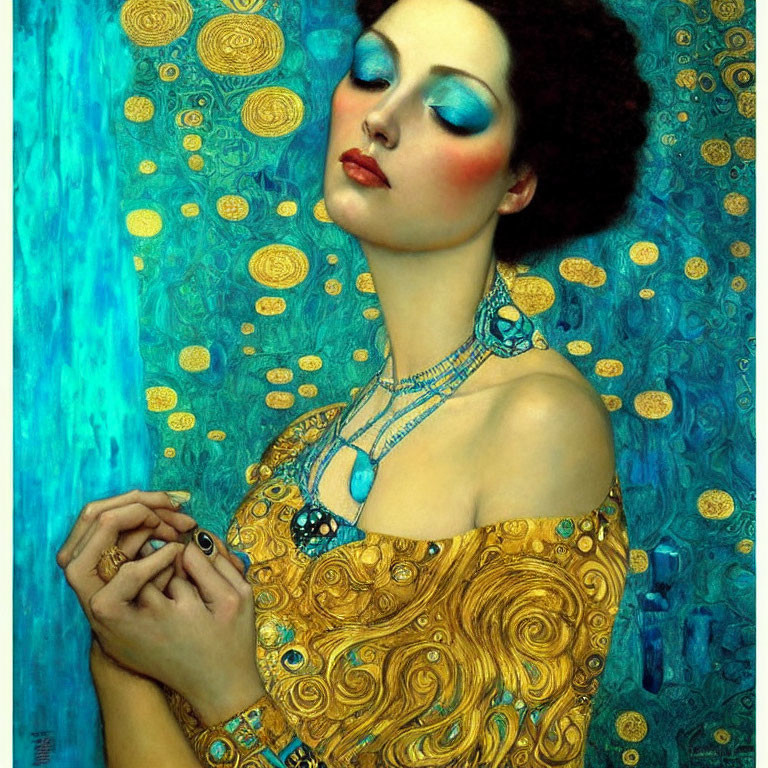 Vibrant stylized portrait of a woman with blue eyeshadow and gold-patterned attire on