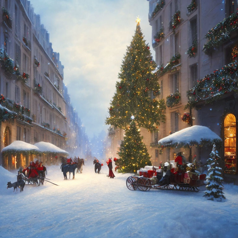 Snowy Christmas Market Scene with Tree, People Shopping, and Horse-Drawn Sleighs