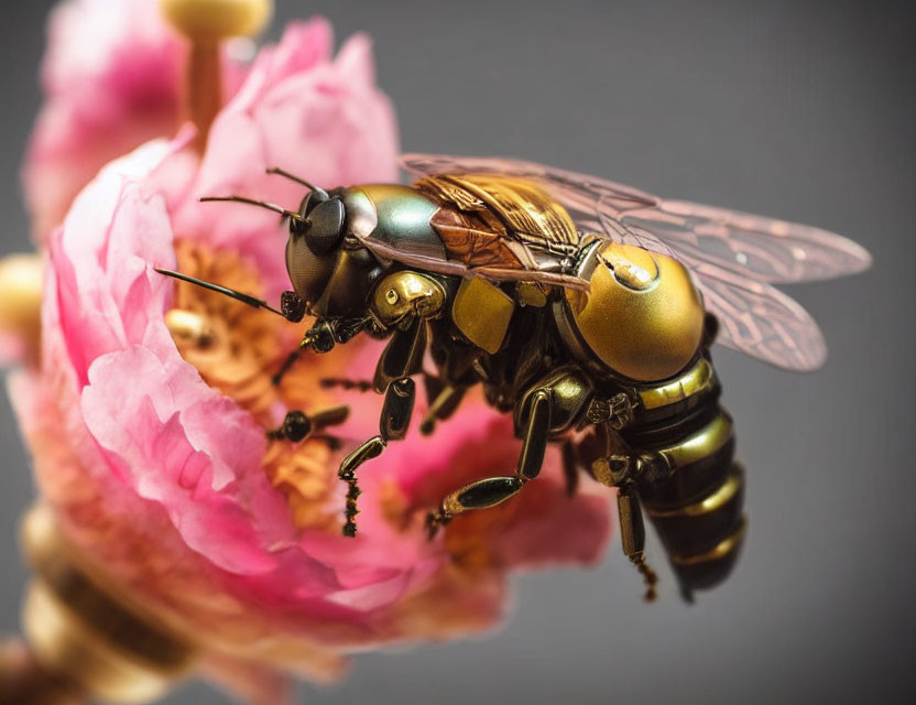 Detailed Metallic Bee Model on Pink Flower with Blurred Background