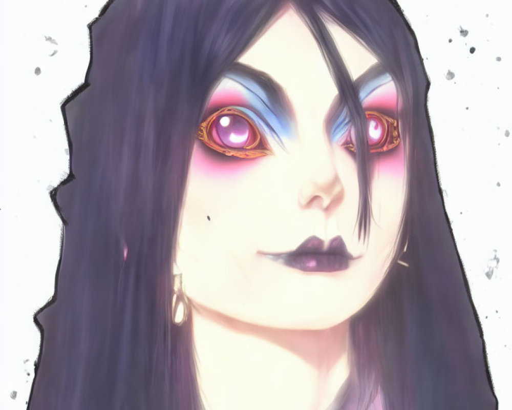 Female character with purple eyes, black hair, pale skin, and striking makeup.