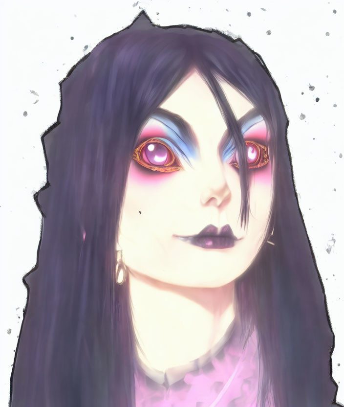 Female character with purple eyes, black hair, pale skin, and striking makeup.