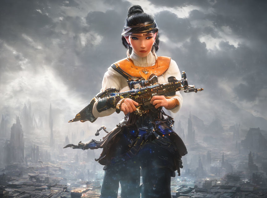 Futuristic warrior woman with complex rifle in dystopian cityscape