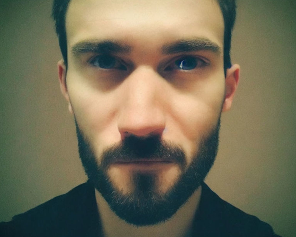 Man with Beard and Mustache in Serious Expression, Dark Eyes, Black Shirt