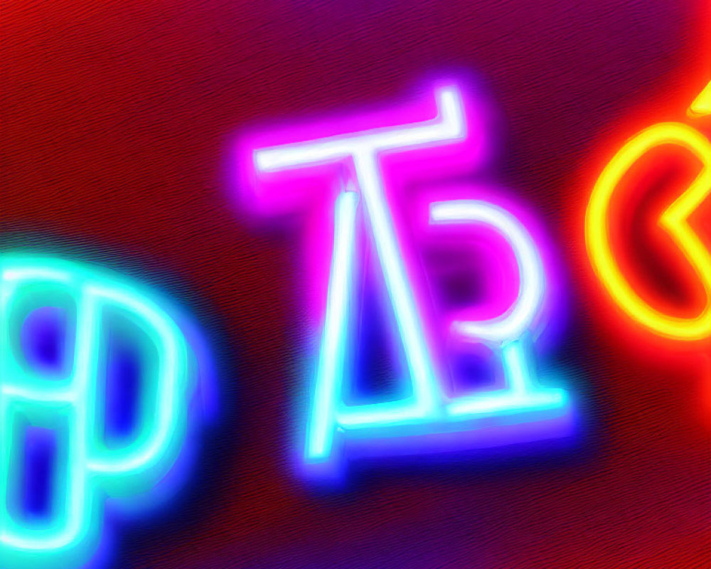 Colorful Neon Symbols on Blurred Red and Blue Background