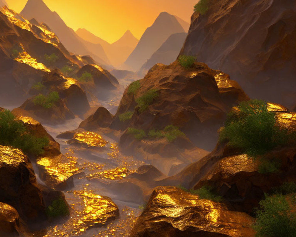 Golden sunrise over rocky stream in misty mountains