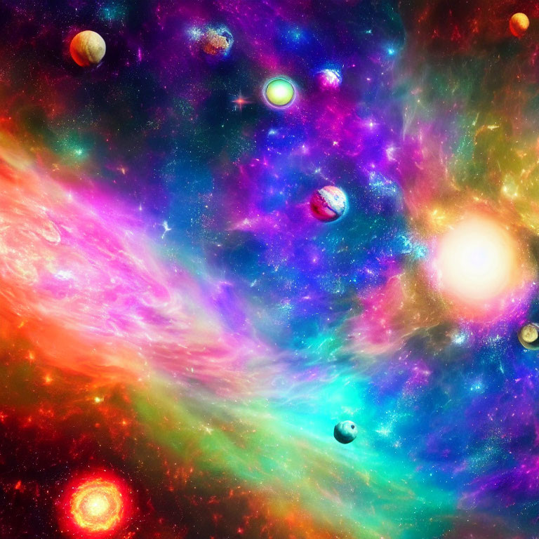 Colorful Nebulae and Planets in Star-Filled Cosmic Scene