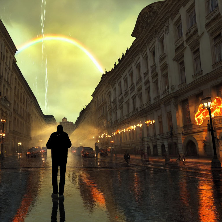 Silhouette of person on wet street with parked cars, streetlights, fiery figure, and rainbow under