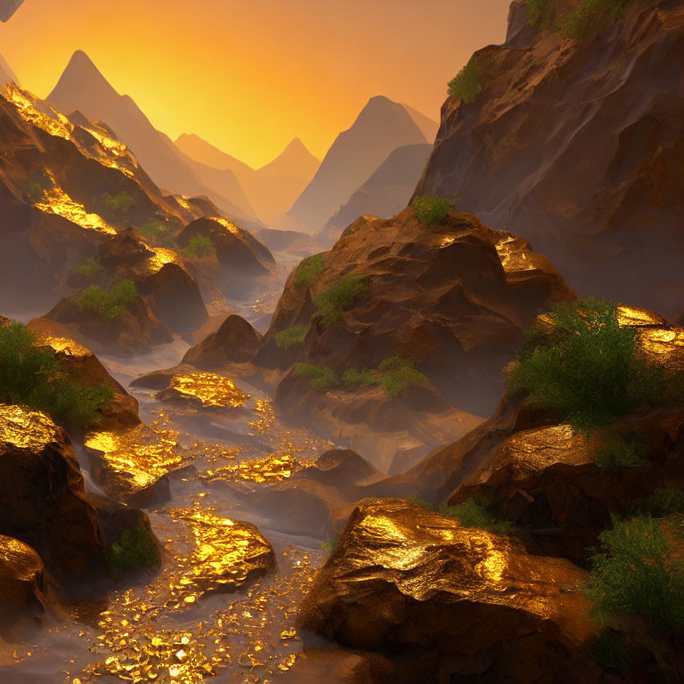 Golden sunrise over rocky stream in misty mountains