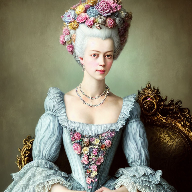 18th-Century Woman Portrait in Ornate Dress & Floral Wig