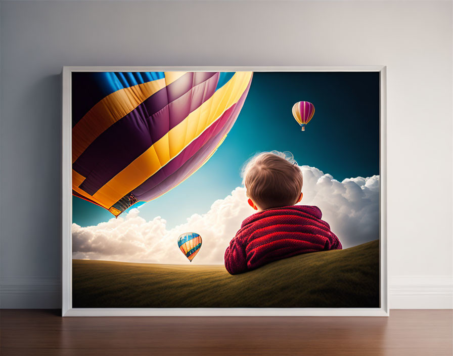 Child in red sweater gazes at hot air balloons in blue sky on wall picture.