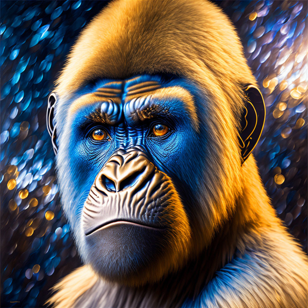 Colorful digital gorilla art with blue and orange tones on abstract background