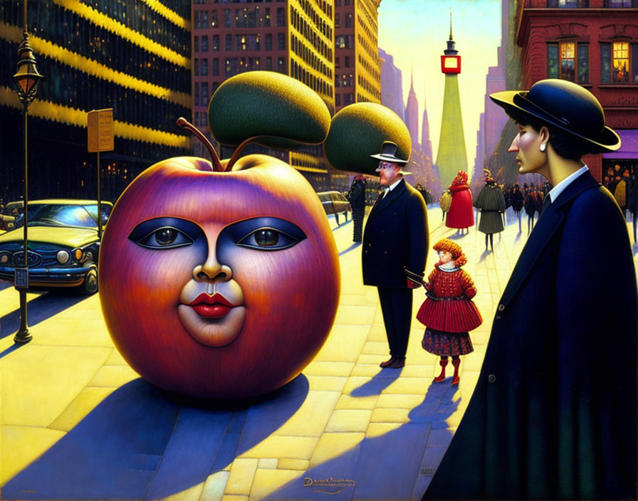 Surreal painting of giant apple with human face and stylishly dressed figures in cityscape