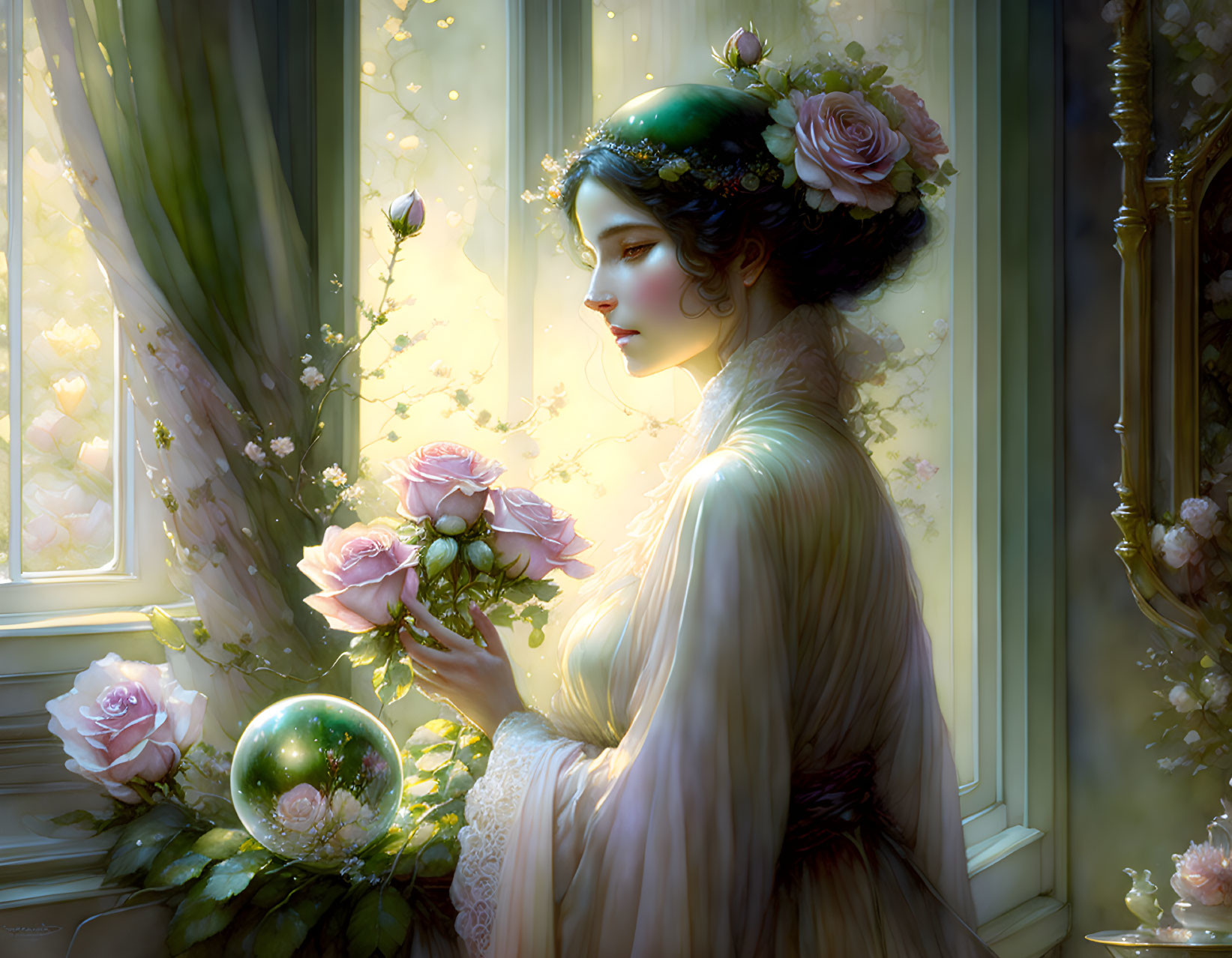 Vintage Attire Woman Holding Roses by Sunlit Window with Crystal Ball