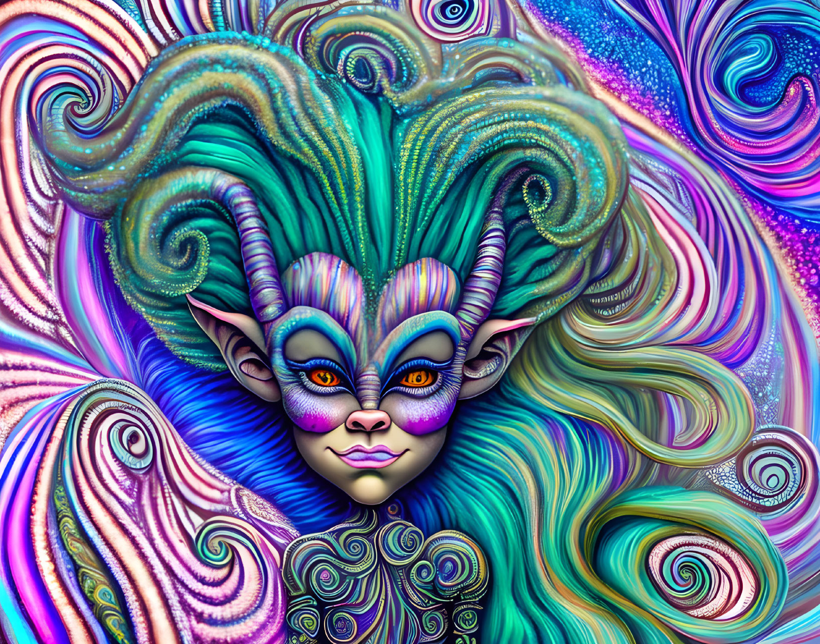 Colorful digital artwork of mystical creature with human-like face and intricate ram-like horns