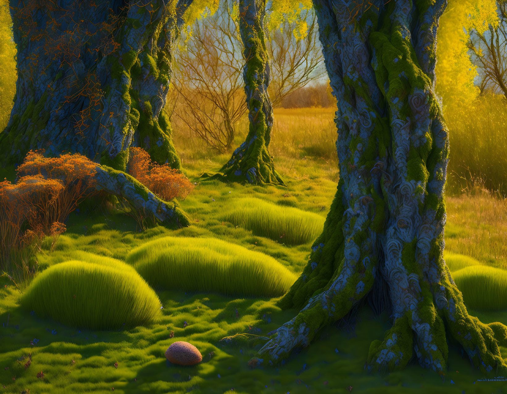 Enchanting forest with moss-covered ground, ancient twisted trees, and golden light.