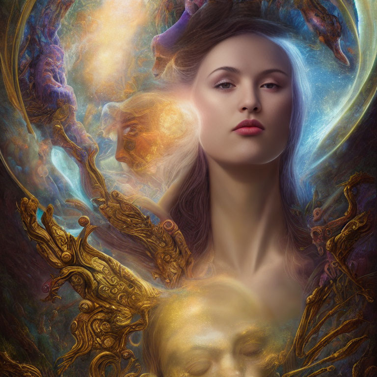 Fantasy portrait of woman with cosmic elements and golden filigree.