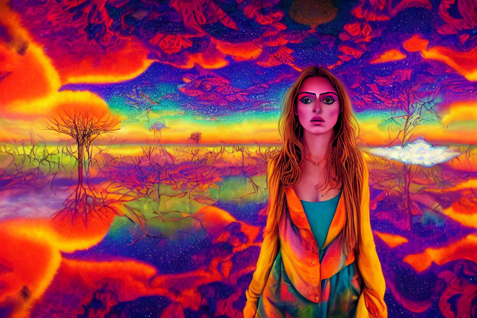 Colorful Trees and Celestial Scene with Woman in Pink Sunglasses