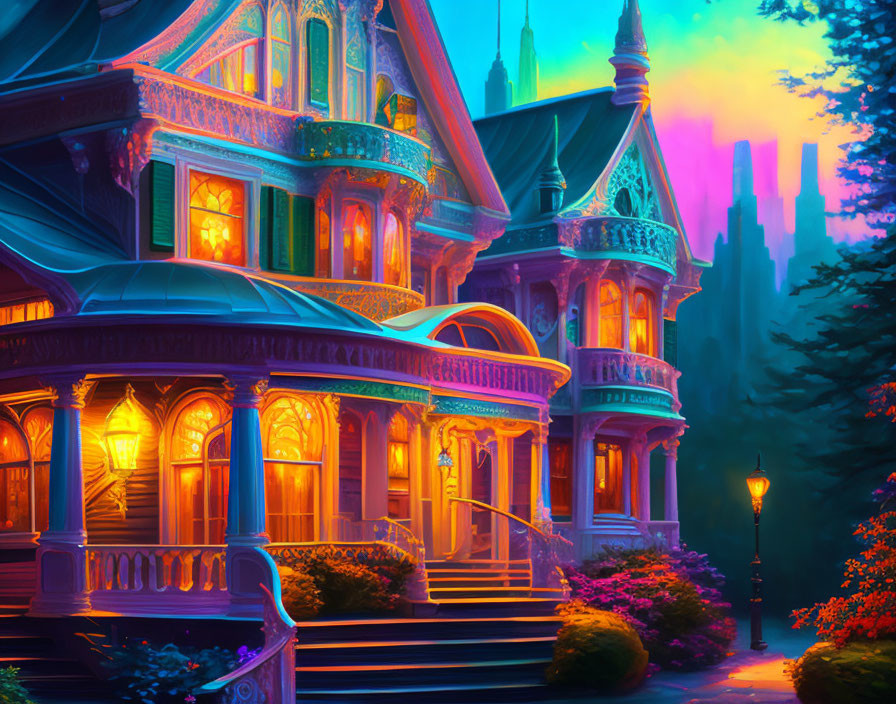 Victorian House Glowing in Neon Sunset Colors