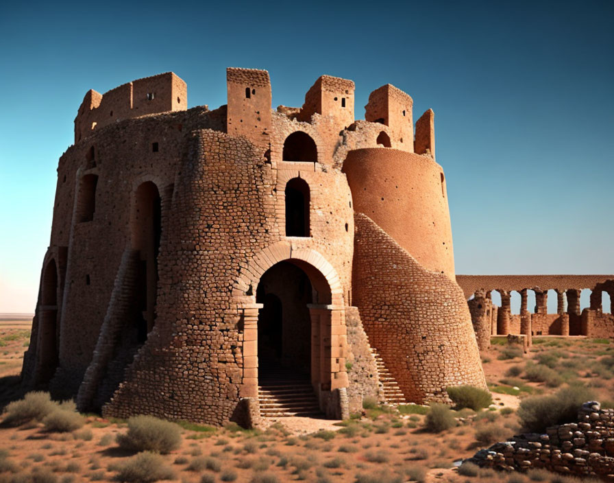 Ancient stone fortress with arches and tall walls in desert landscape