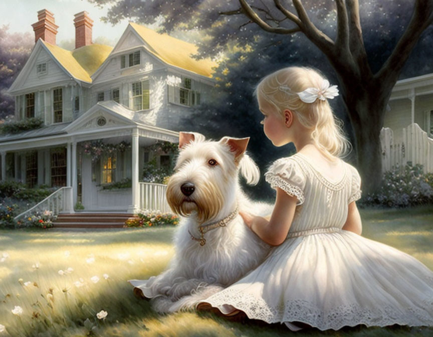 Young girl in white dress with white terrier dog in lush garden scenery