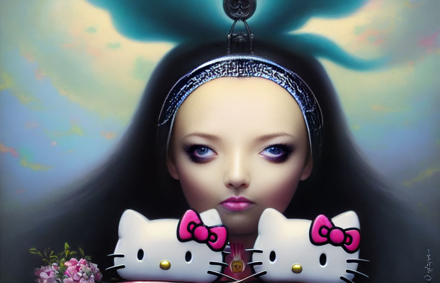 Surreal portrait of female figure with expressive eyes and Hello Kitty figures against dreamy background