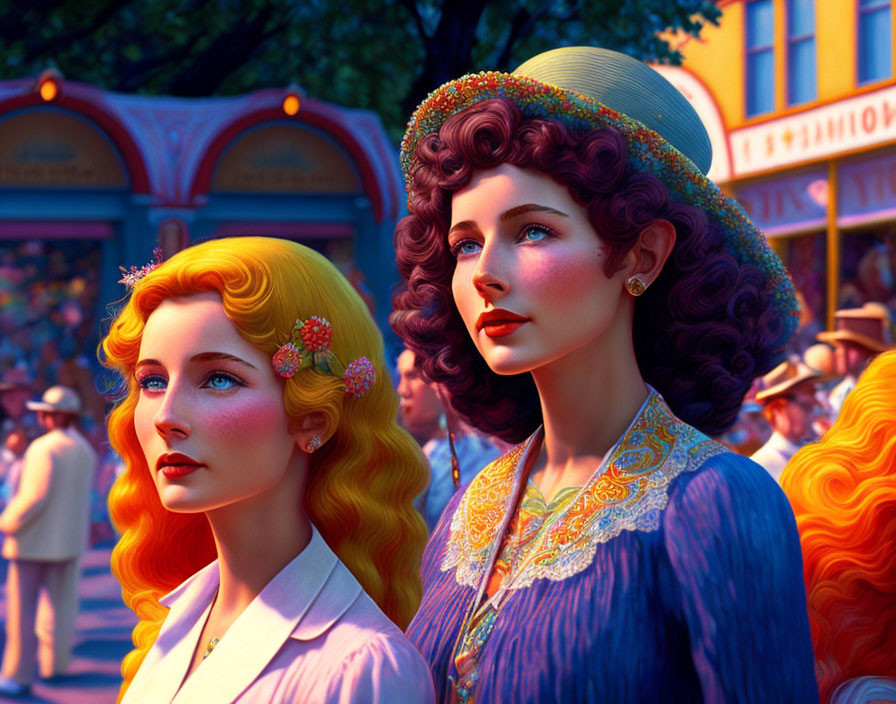 Illustrated women with vibrant hair in vintage attire among colorful crowd