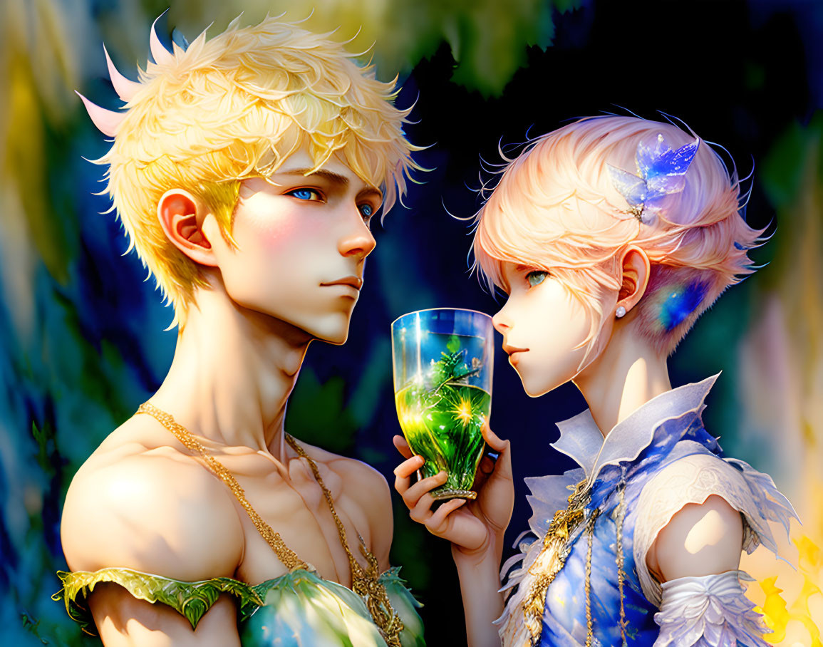 Fantasy characters with pointed ears and elaborate hairstyles holding miniature landscape glass.