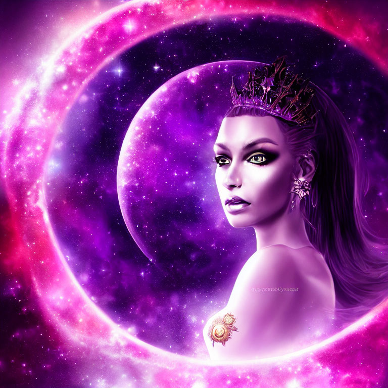 Regal woman with crown and green eyes in vibrant purple galaxy
