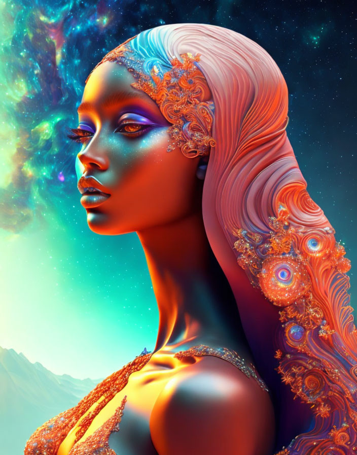 Vibrant cosmic-themed portrait of a woman with elegant jewelry.