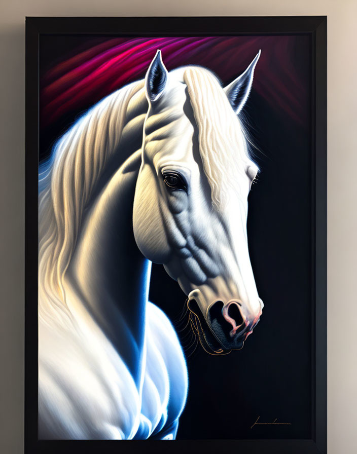 White Horse Portrait with Red and Purple Background