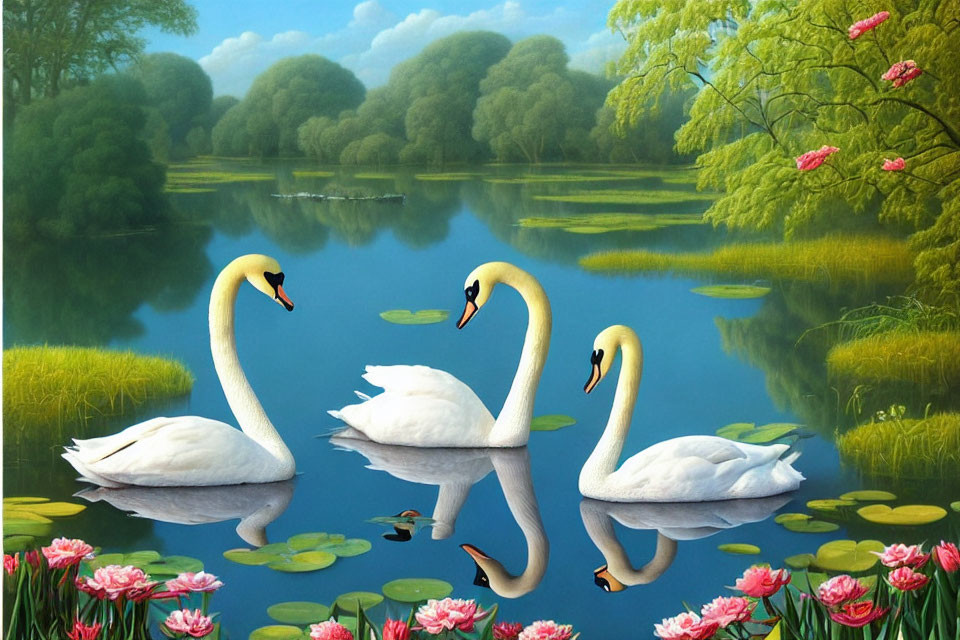 Tranquil lake scene with three swans and lotus flowers