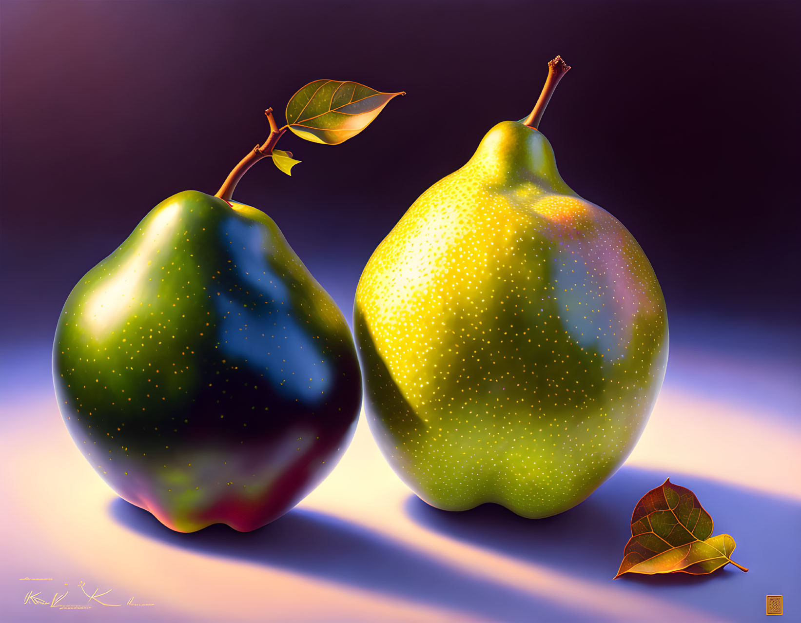 Hyper-realistic pears and leaf on purple gradient.