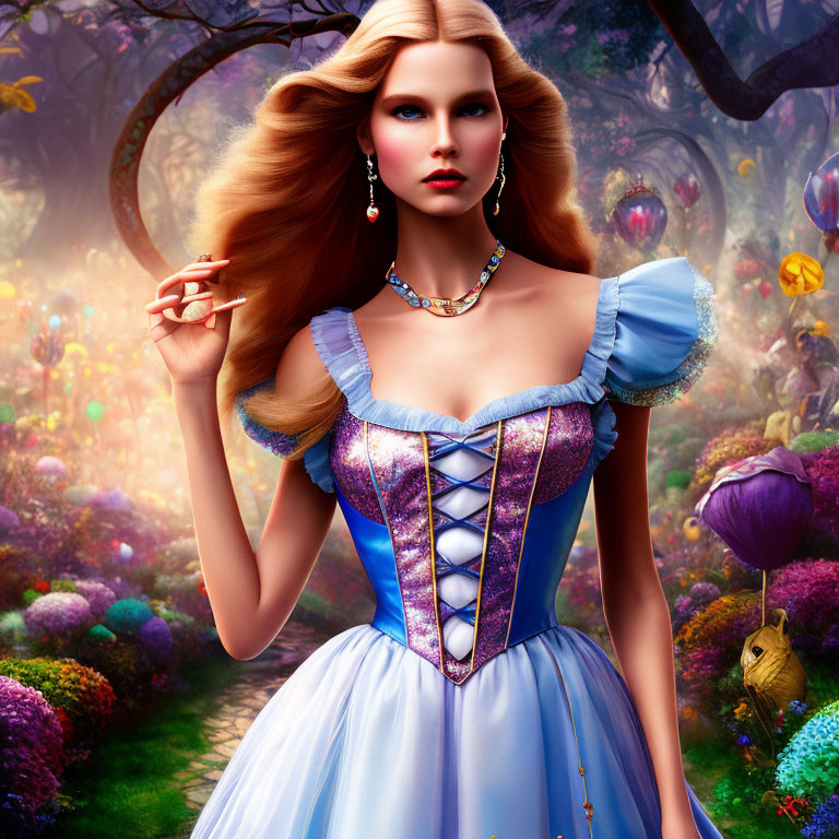 Digital artwork of woman with blonde hair in fantasy forest wearing blue and purple dress