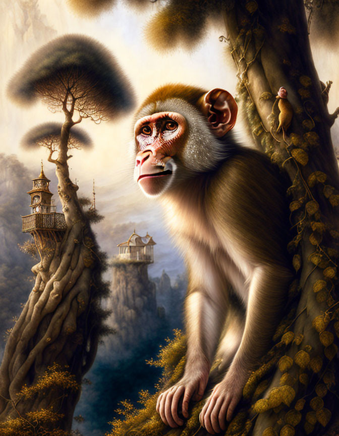 Detailed illustration of monkey with human-like gaze in mystical forest with Asian-style pagodas and smaller monkeys