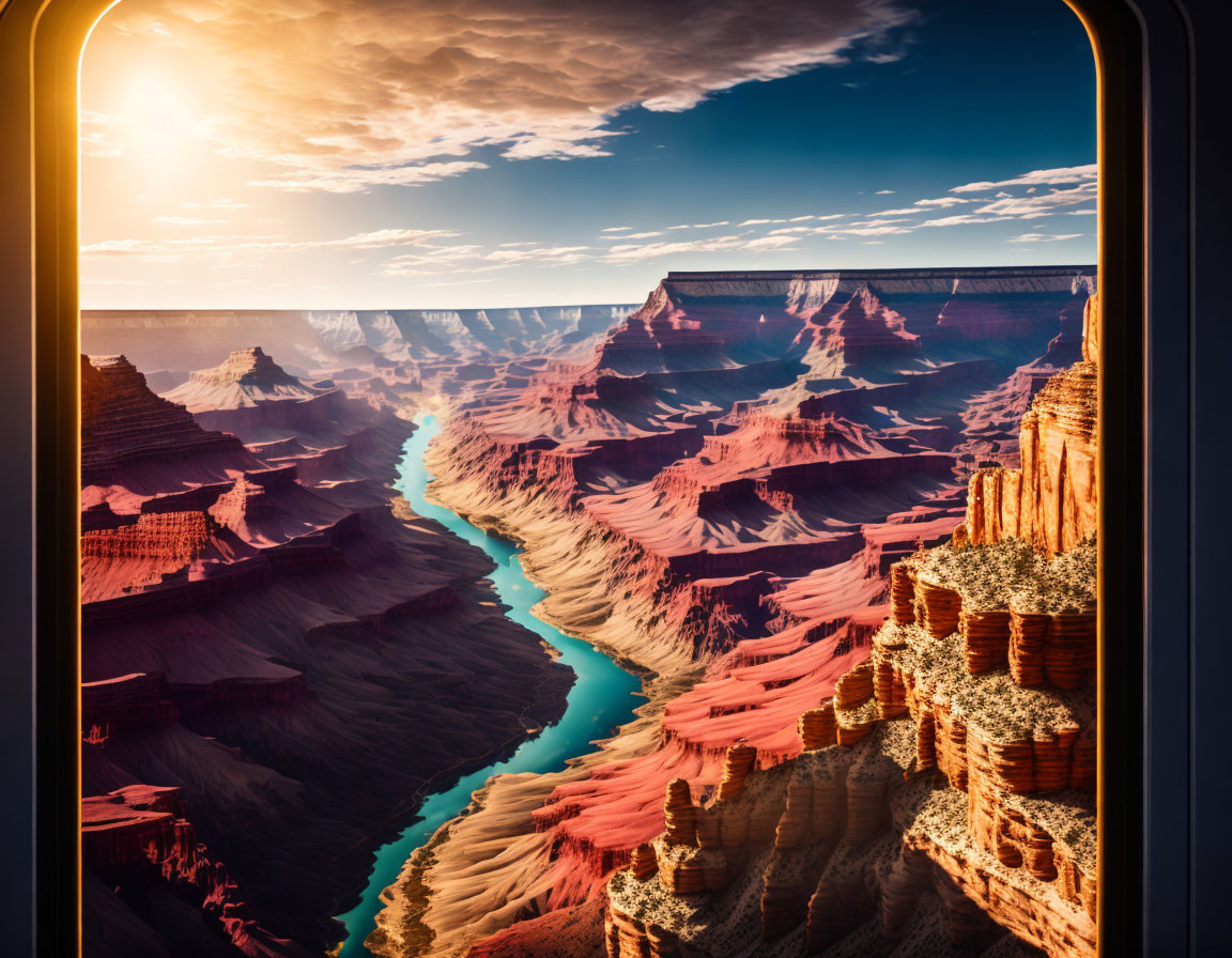 Majestic canyon sunrise view from train window