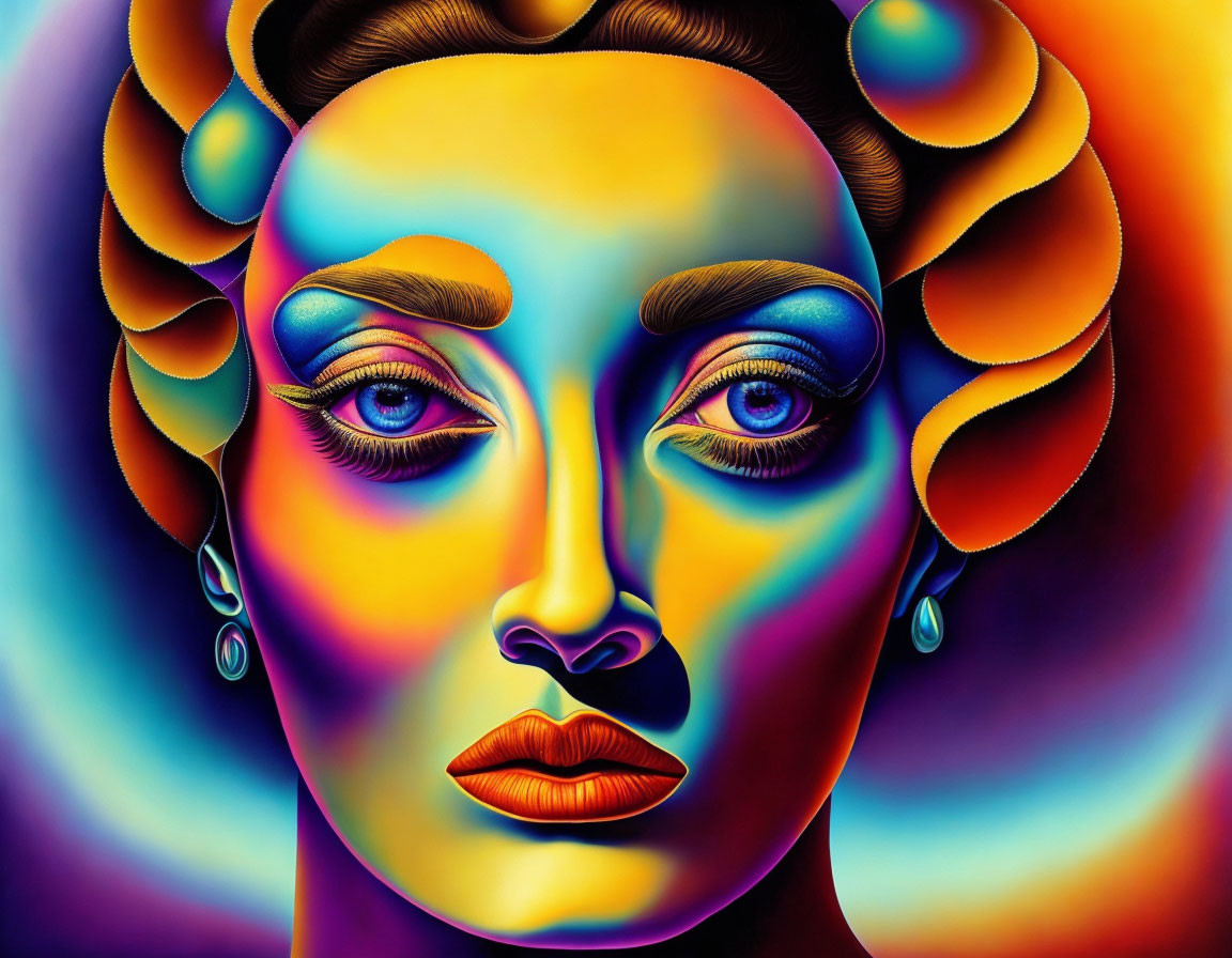 Colorful surreal portrait of woman with exaggerated features