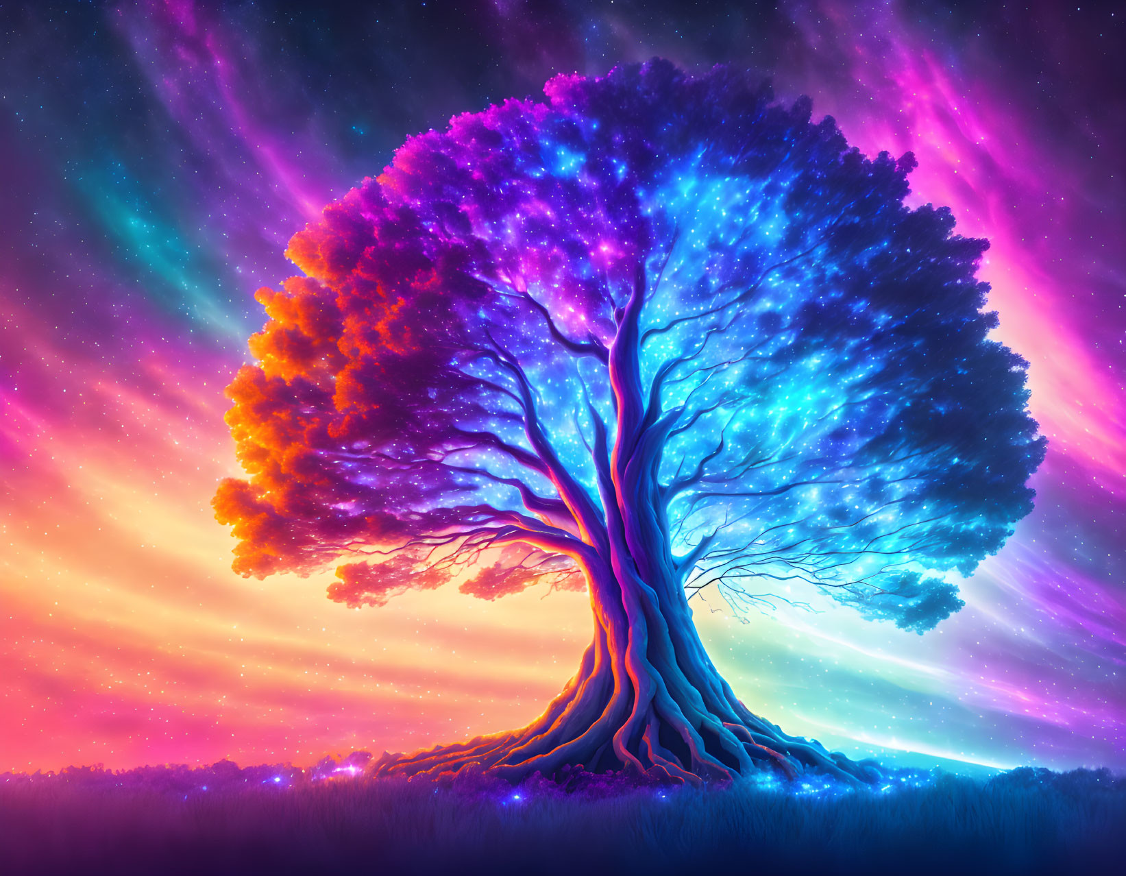 Colorful Neon Tree Illustration Under Starry Sky Gradient