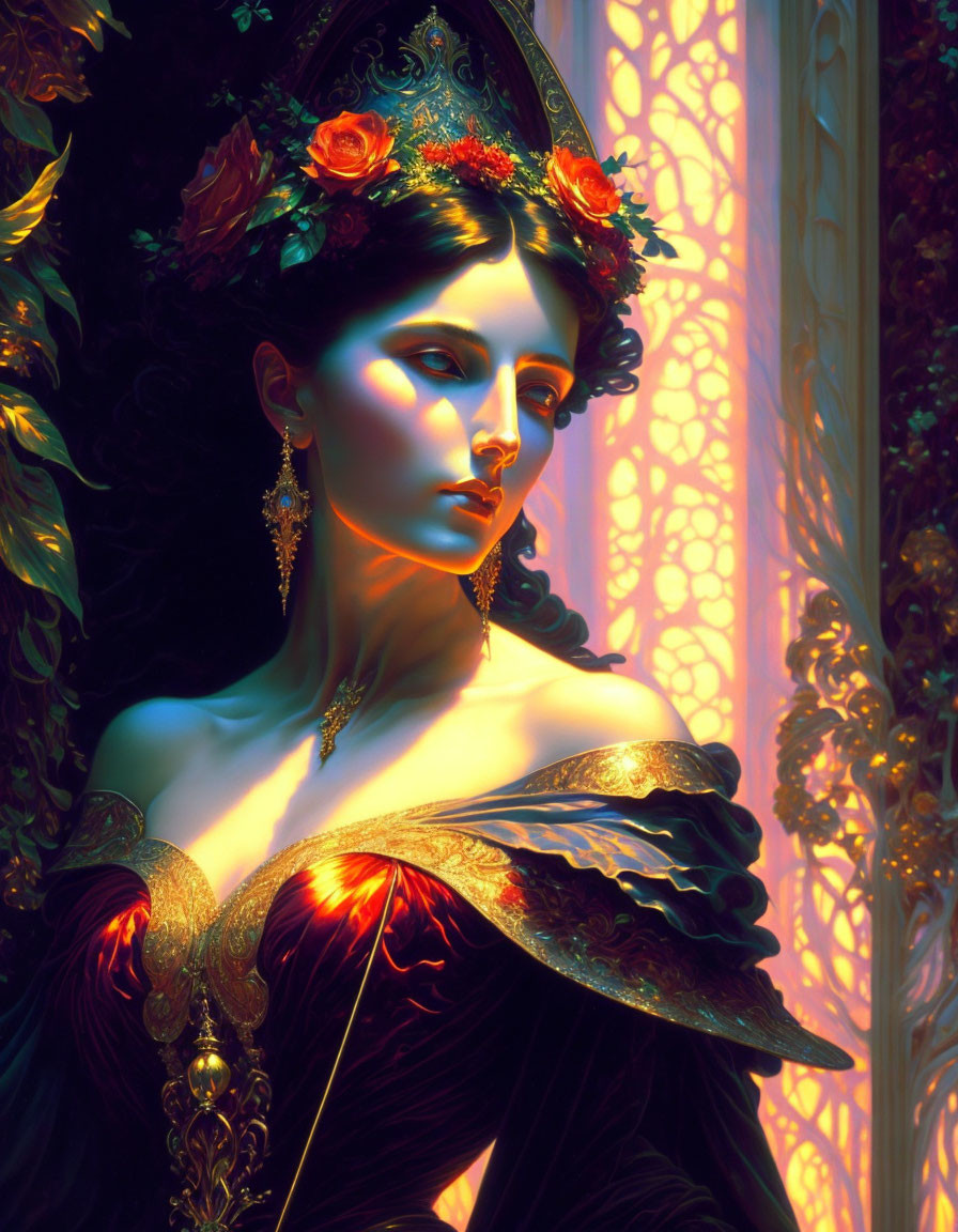 Regal woman in red gown with golden accents and roses in hair.